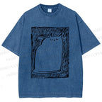 Unisex Simple Cat Drawing Printed Washed Tee