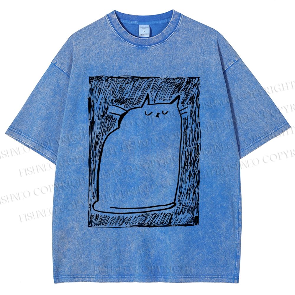 Unisex Simple Cat Drawing Printed Washed Tee
