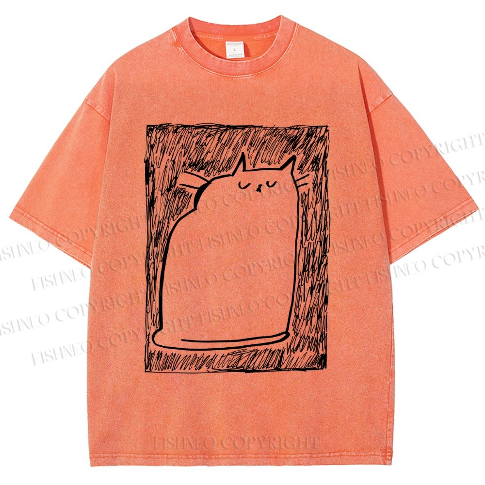 Unisex Simple Cat Drawing Printed Washed Tee