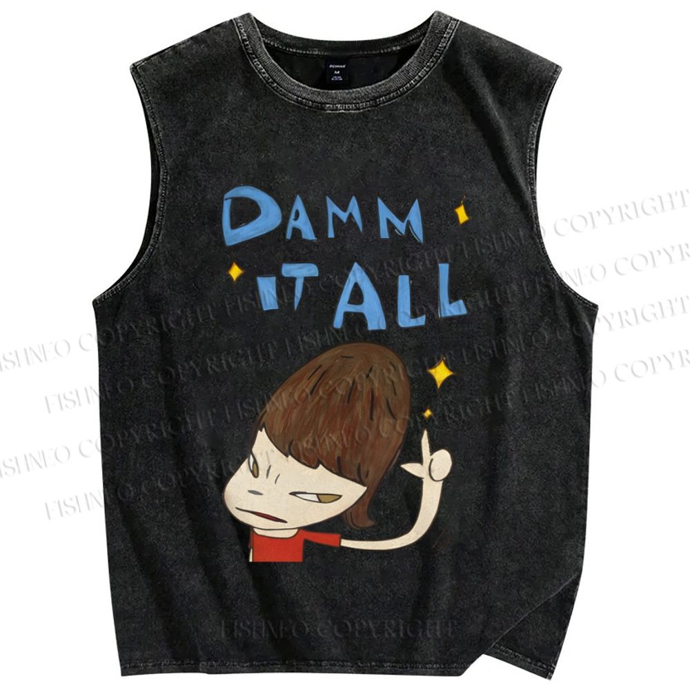 Unisex Japanese Art Yoshitomo Nara Damn It All Printed Washed Tank Top