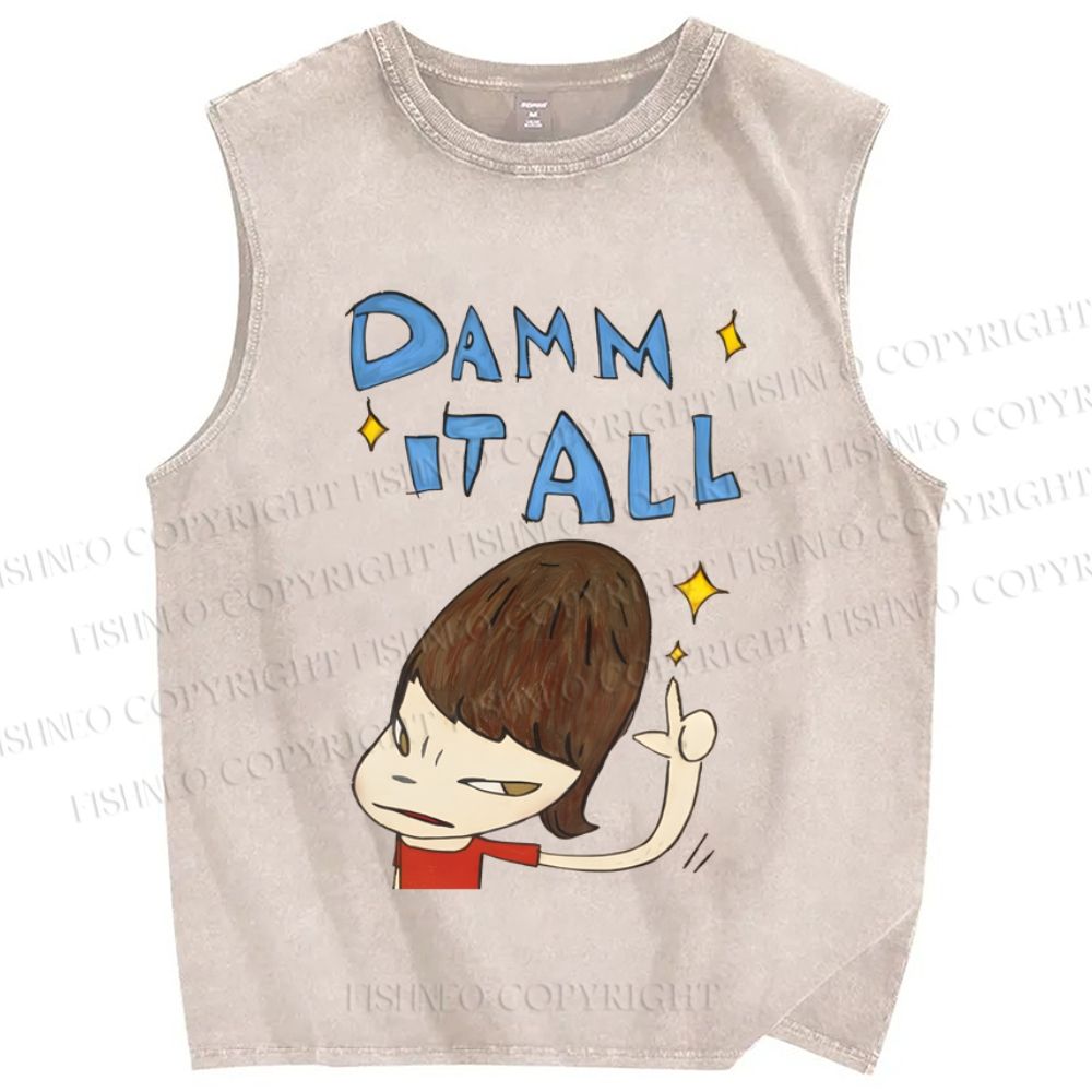 Unisex Japanese Art Yoshitomo Nara Damn It All Printed Washed Tank Top
