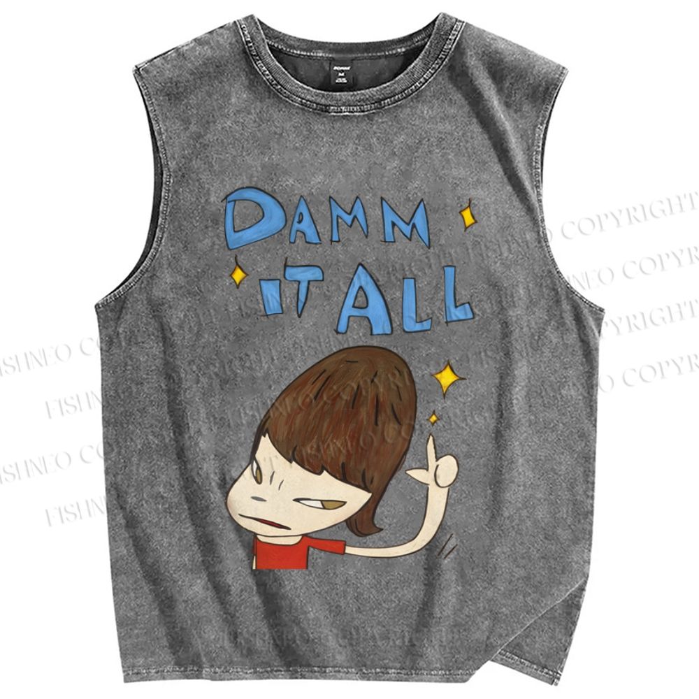 Unisex Japanese Art Yoshitomo Nara Damn It All Printed Washed Tank Top
