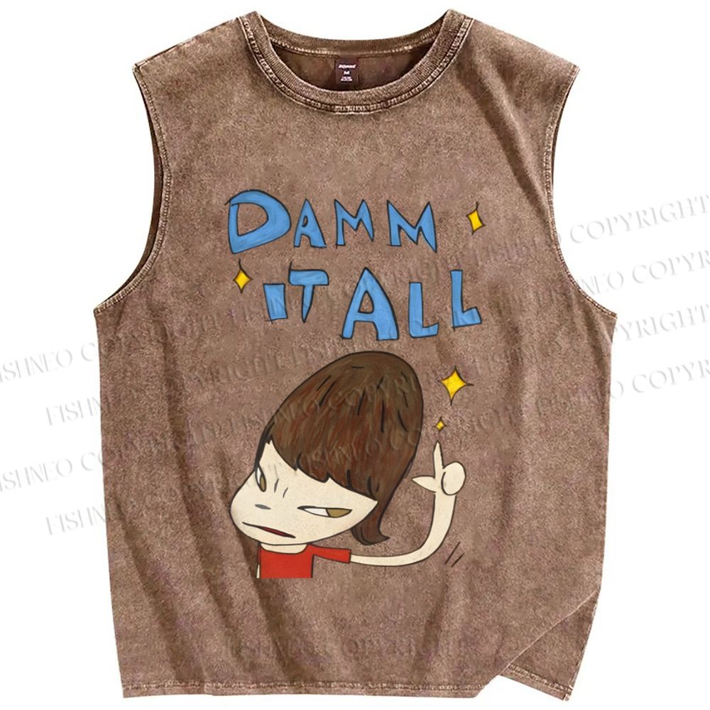 Unisex Japanese Art Yoshitomo Nara Damn It All Printed Washed Tank Top