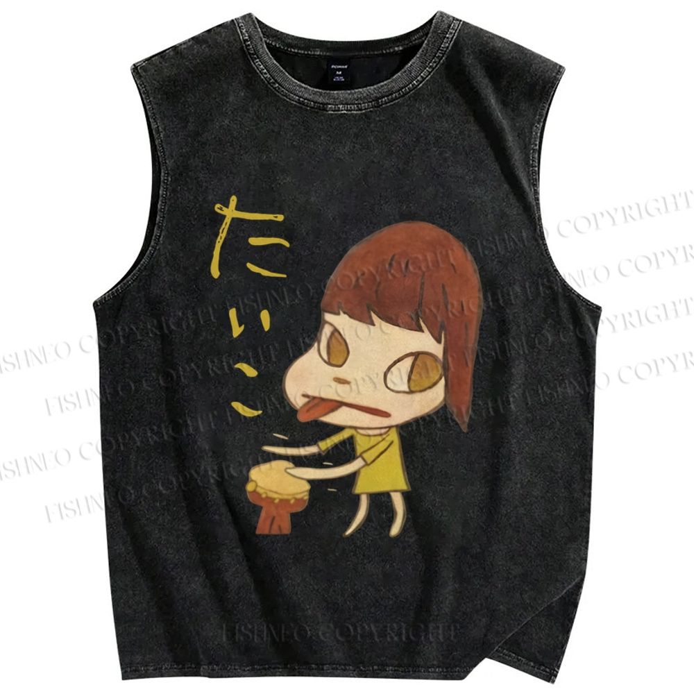 Unisex Japanese Art Yoshitomo Nara Play Drum Printed Washed Tank Top