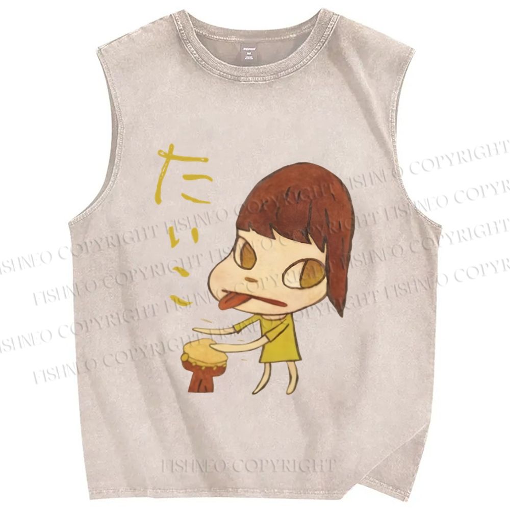 Unisex Japanese Art Yoshitomo Nara Play Drum Printed Washed Tank Top