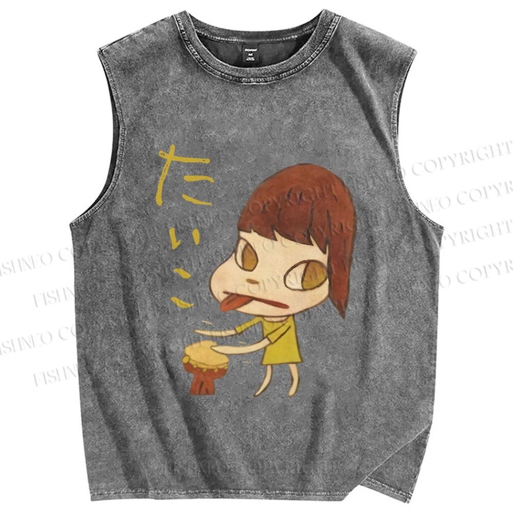 Unisex Japanese Art Yoshitomo Nara Play Drum Printed Washed Tank Top