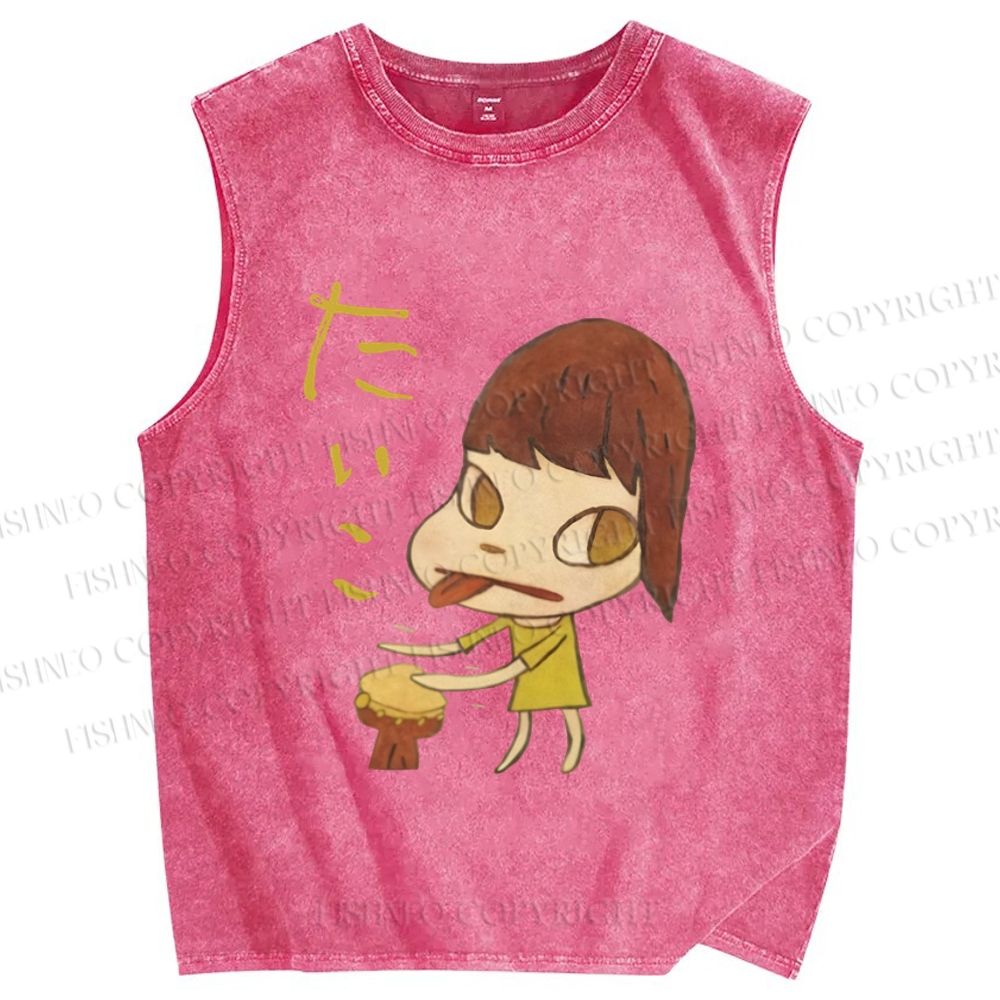 Unisex Japanese Art Yoshitomo Nara Play Drum Printed Washed Tank Top