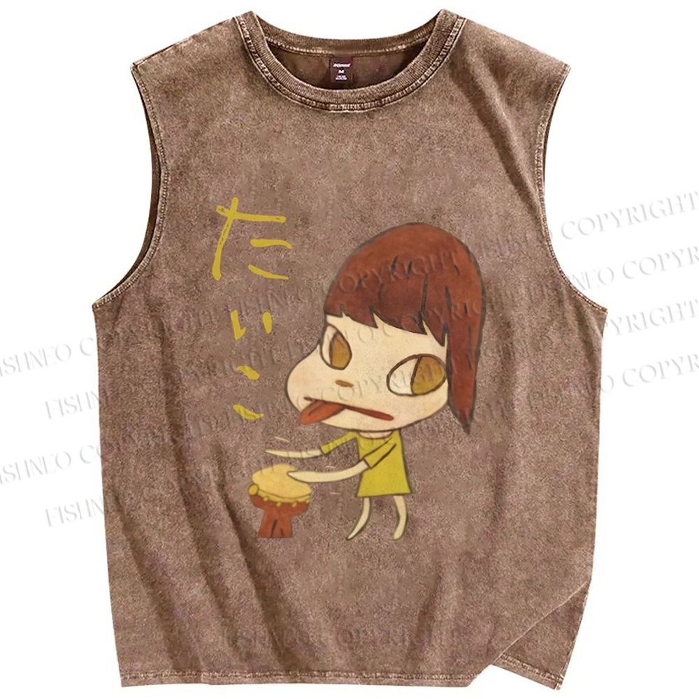 Unisex Japanese Art Yoshitomo Nara Play Drum Printed Washed Tank Top