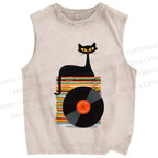 Unisex Vintage Black Cat CD Disk Printed Washed Tank Top