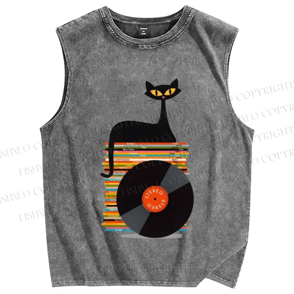 Unisex Vintage Black Cat CD Disk Printed Washed Tank Top