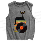 Unisex Vintage Black Cat CD Disk Printed Washed Tank Top