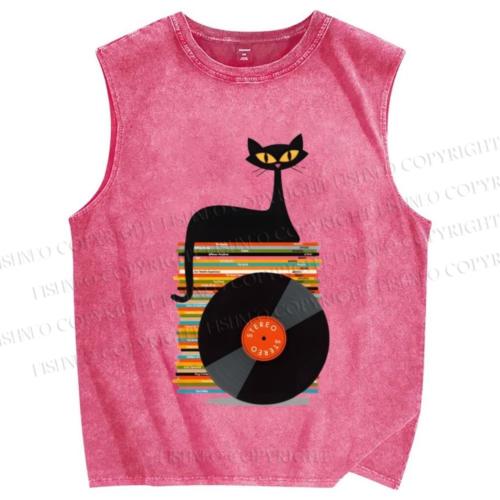 Unisex Vintage Black Cat CD Disk Printed Washed Tank Top