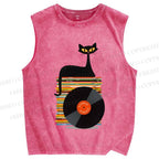 Unisex Vintage Black Cat CD Disk Printed Washed Tank Top