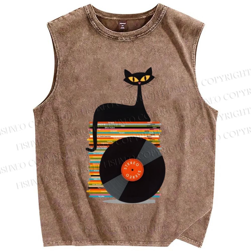 Unisex Vintage Black Cat CD Disk Printed Washed Tank Top