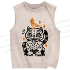 Unisex Halloween Cat Black Bird Printed Washed Tank Top