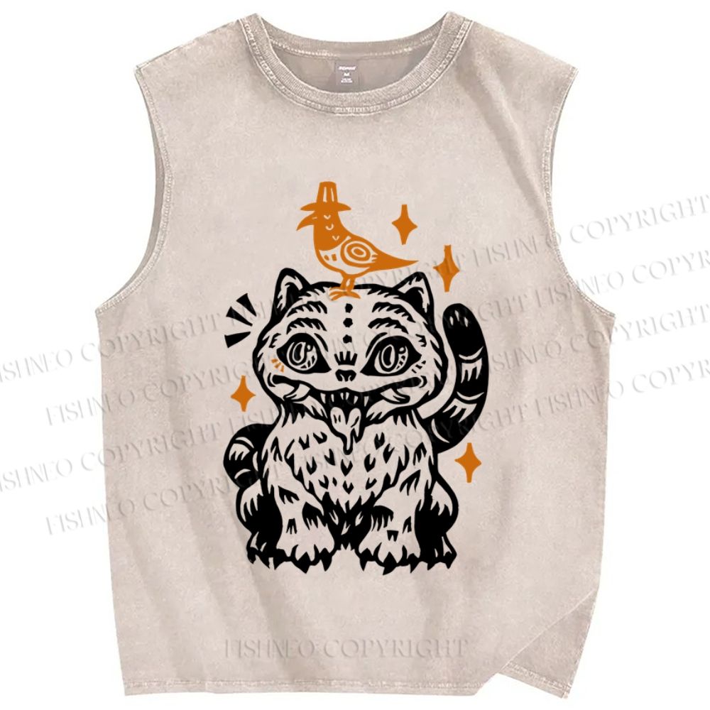 Unisex Halloween Cat Black Bird Printed Washed Tank Top
