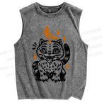 Unisex Halloween Cat Black Bird Printed Washed Tank Top