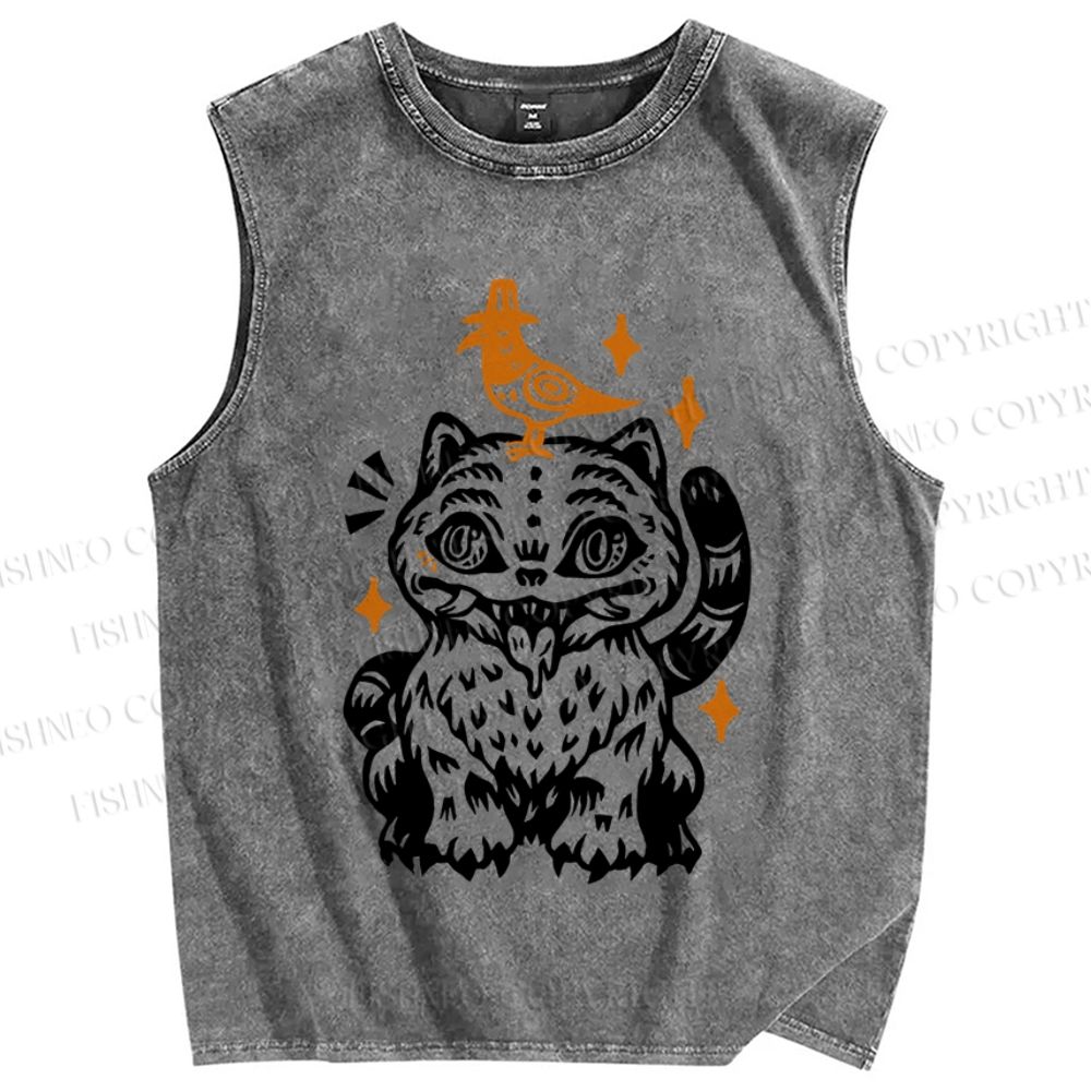 Unisex Halloween Cat Black Bird Printed Washed Tank Top