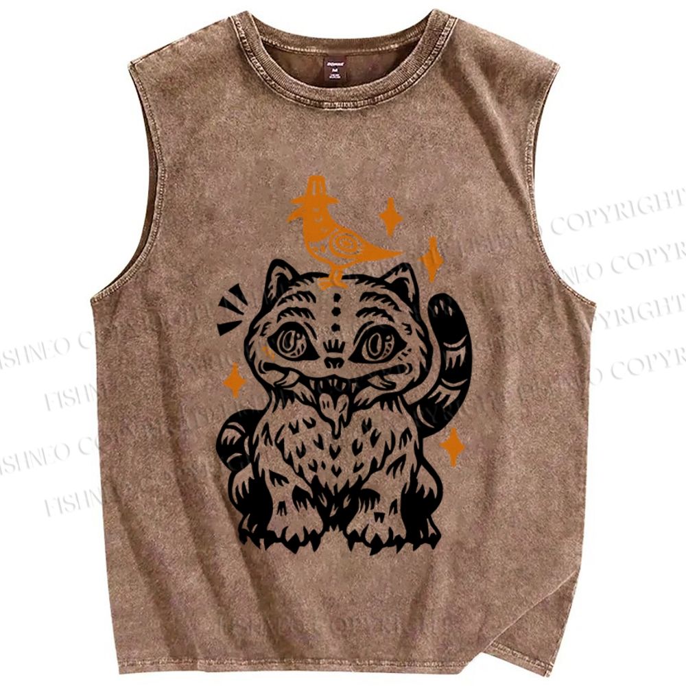 Unisex Halloween Cat Black Bird Printed Washed Tank Top