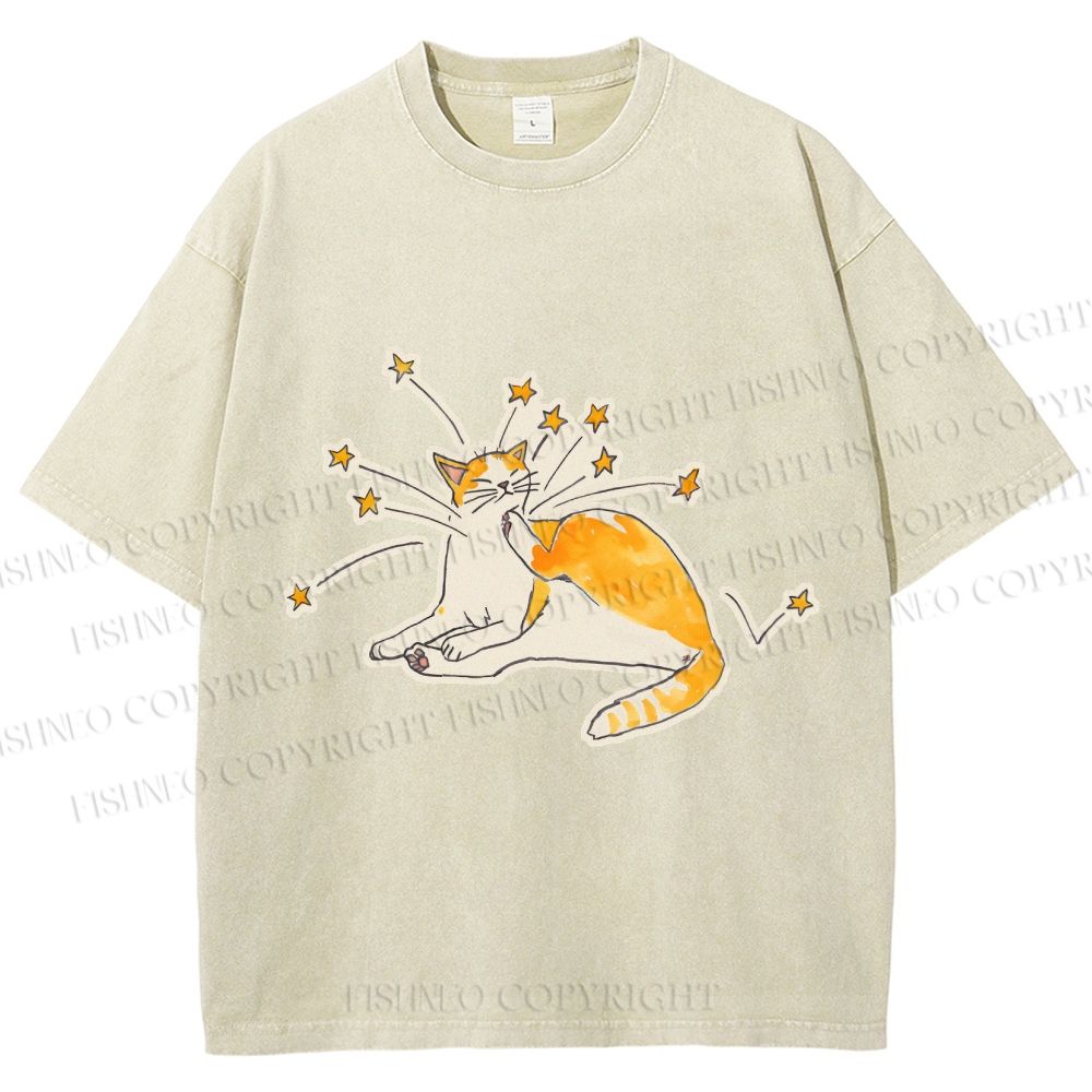 Unisex Vintage Cute Cat Printed Washed Tee