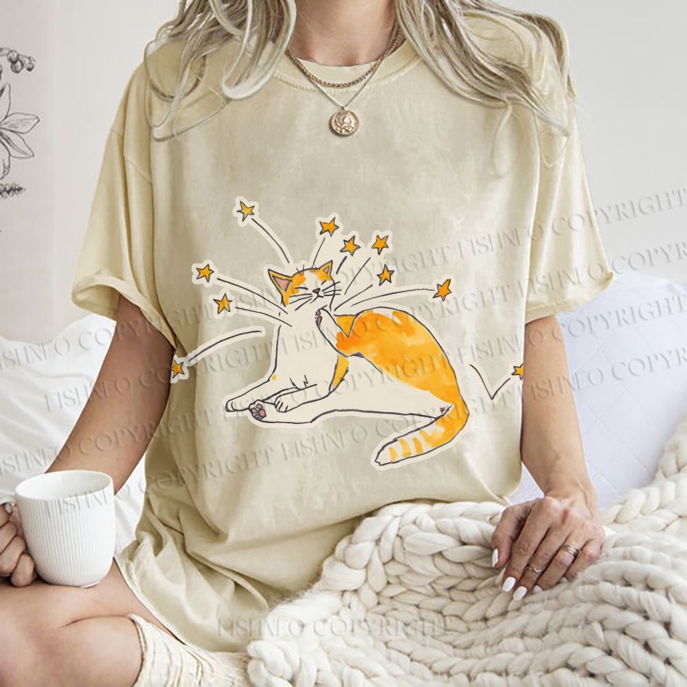 Unisex Vintage Cute Cat Printed Washed Tee