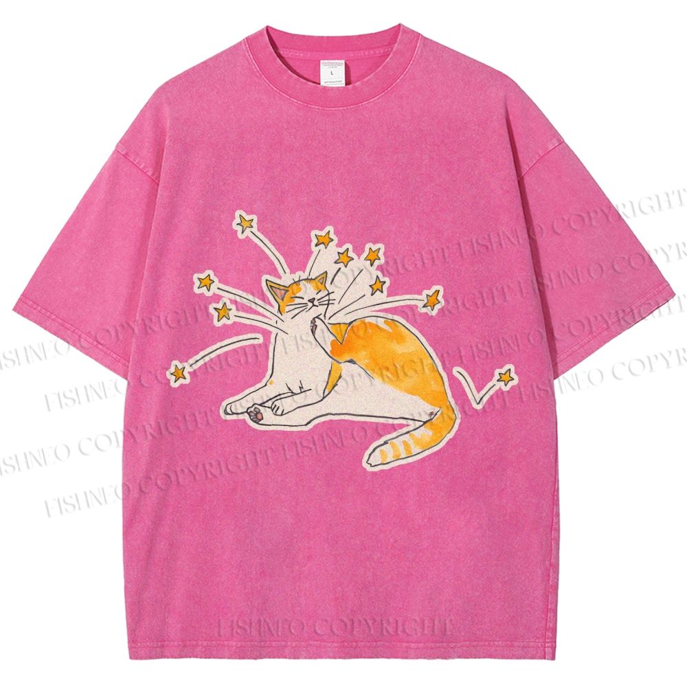 Unisex Vintage Cute Cat Printed Washed Tee