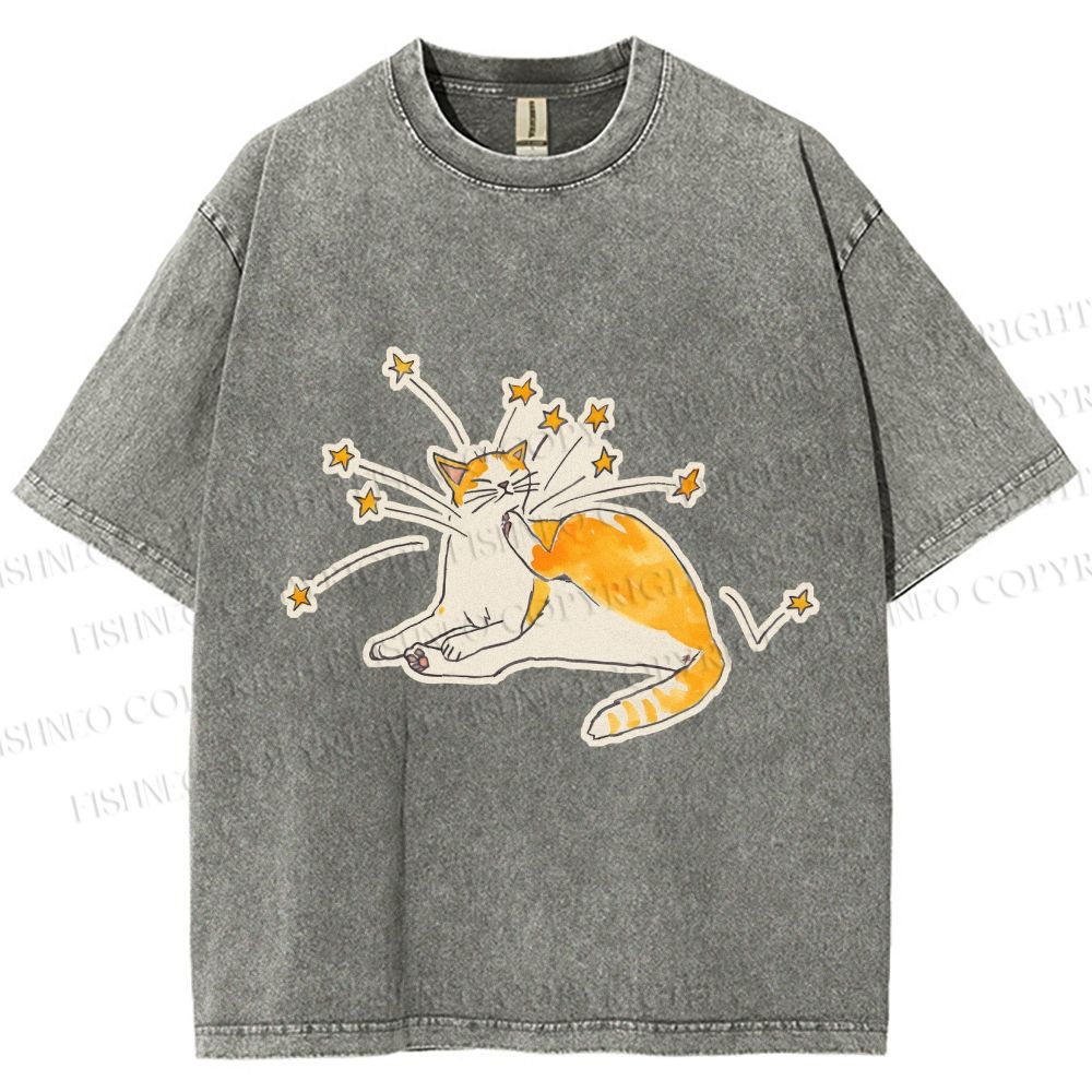 Unisex Vintage Cute Cat Printed Washed Tee