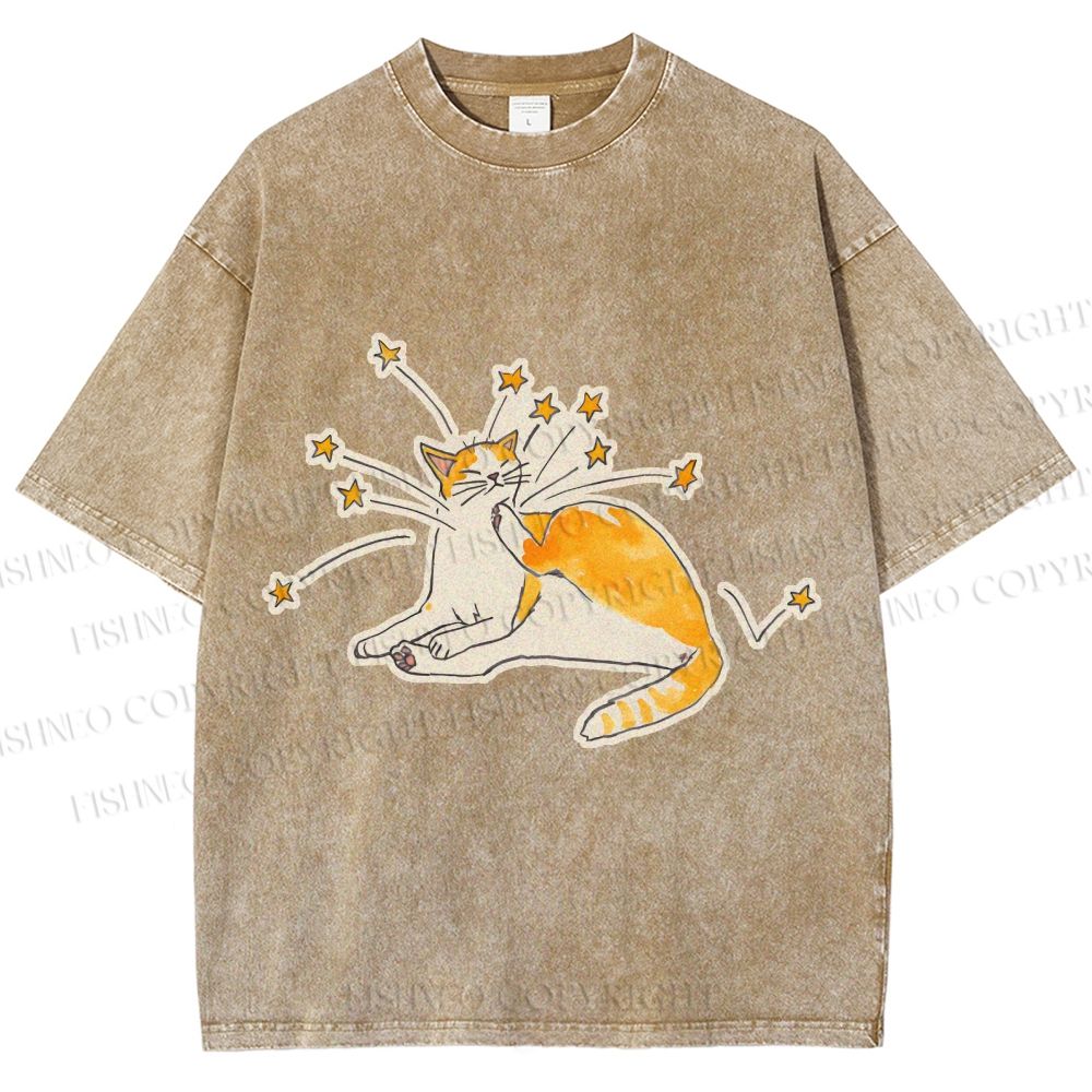Unisex Vintage Cute Cat Printed Washed Tee