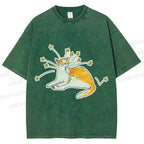 Unisex Vintage Cute Cat Printed Washed Tee
