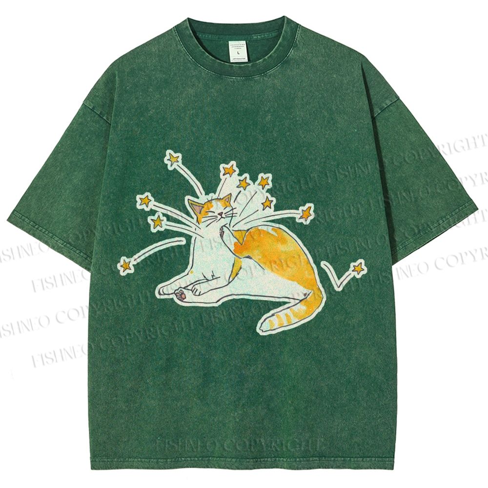 Unisex Vintage Cute Cat Printed Washed Tee