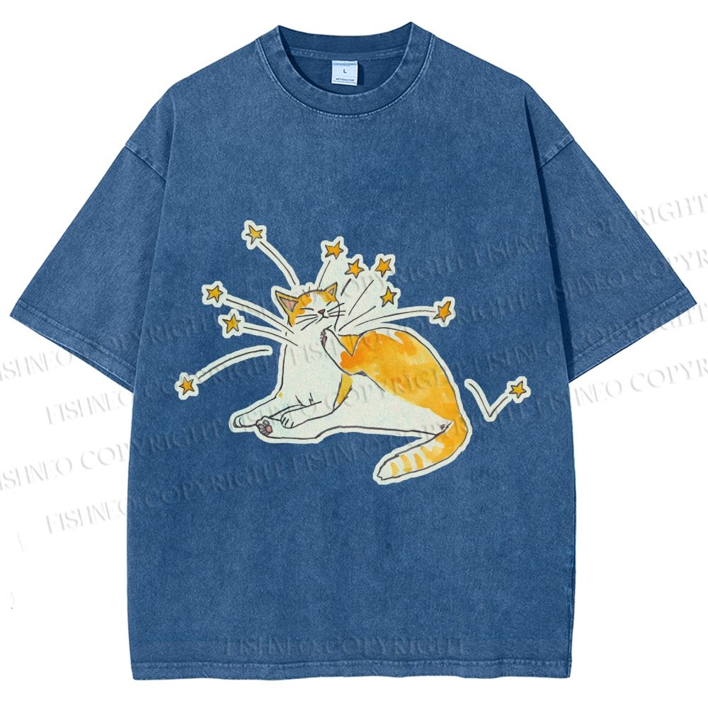 Unisex Vintage Cute Cat Printed Washed Tee