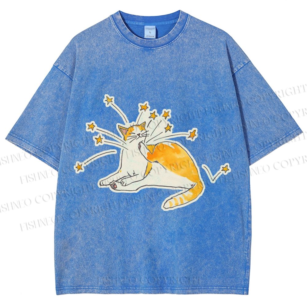 Unisex Vintage Cute Cat Printed Washed Tee