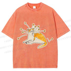 Unisex Vintage Cute Cat Printed Washed Tee