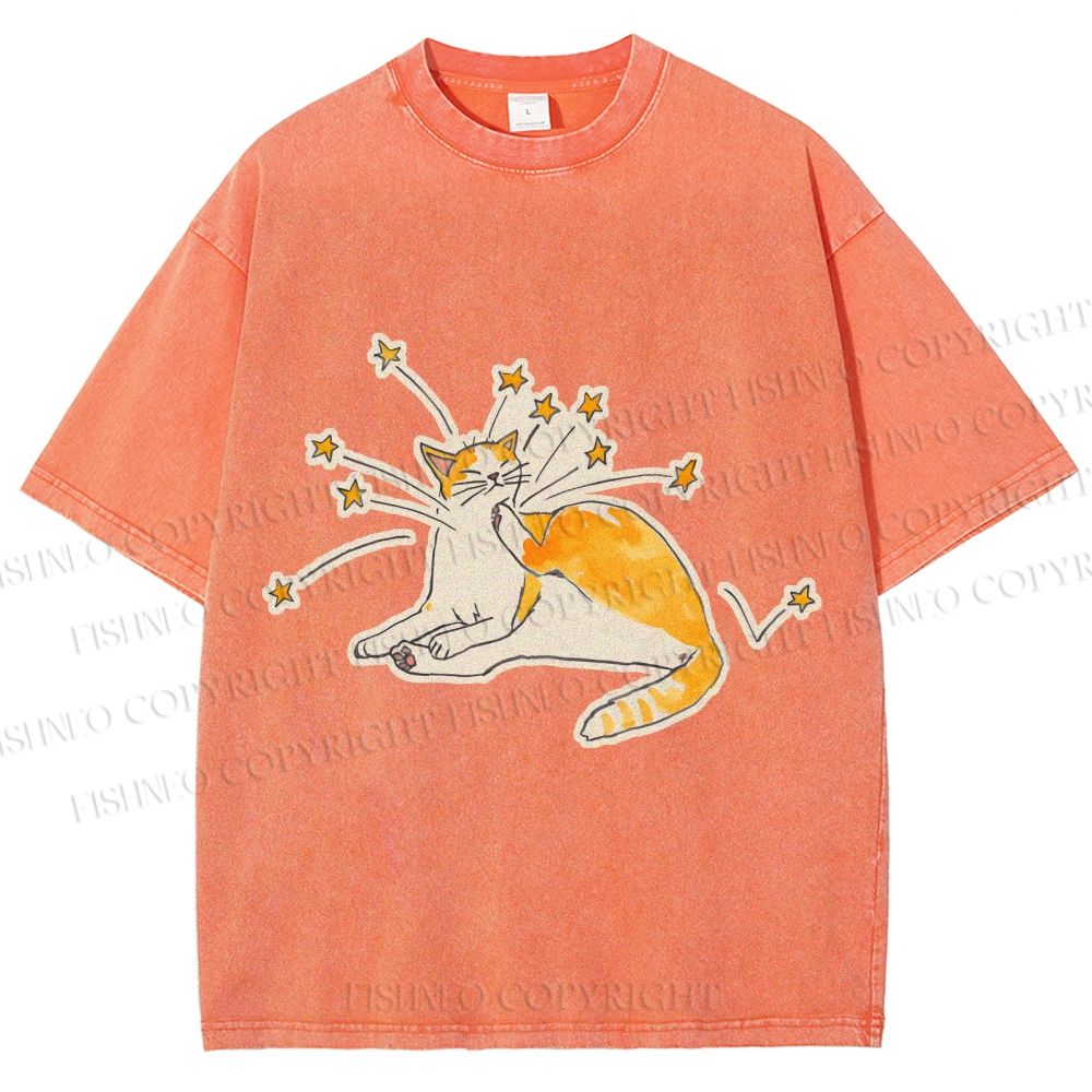Unisex Vintage Cute Cat Printed Washed Tee