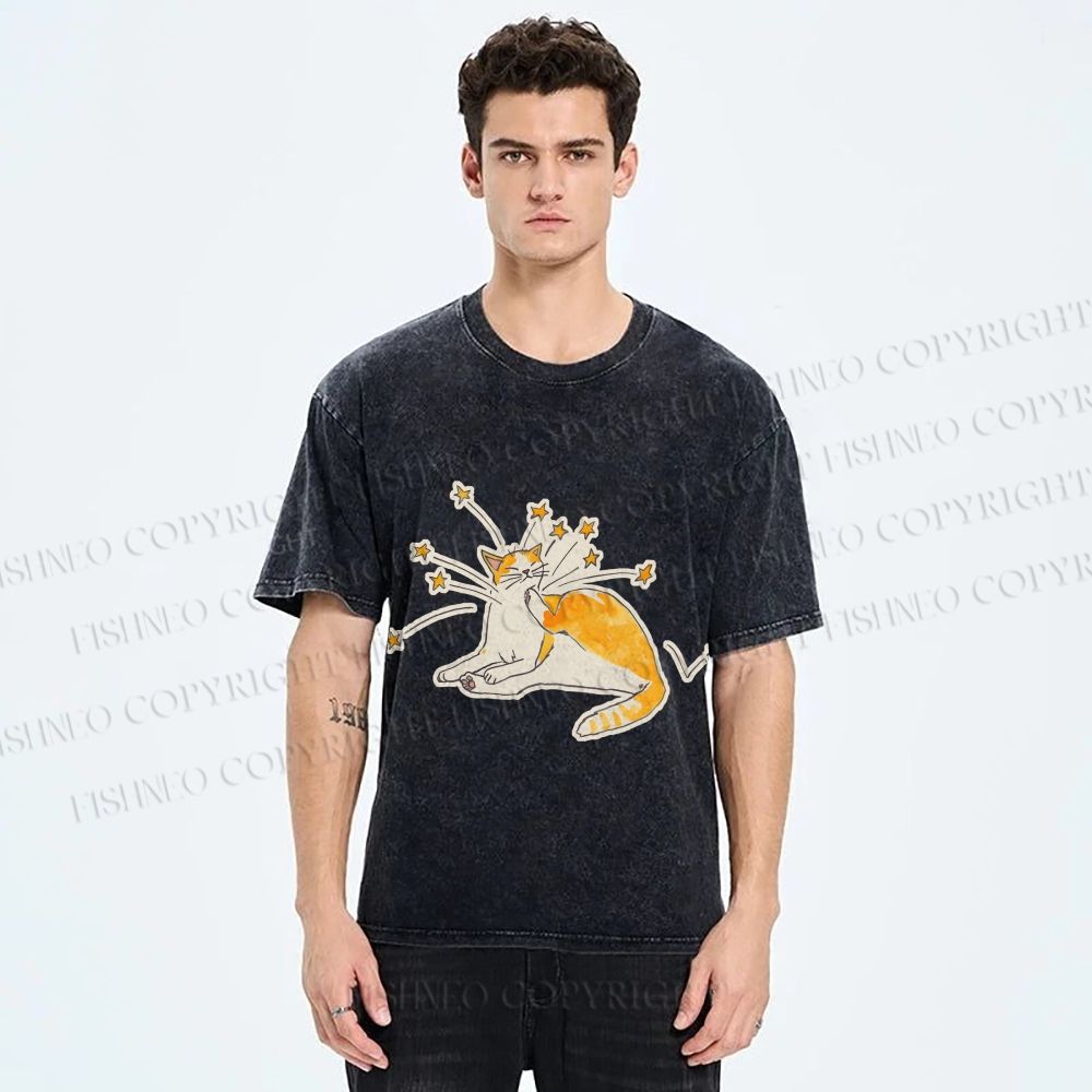 Unisex Vintage Cute Cat Printed Washed Tee