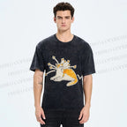 Unisex Vintage Cute Cat Printed Washed Tee