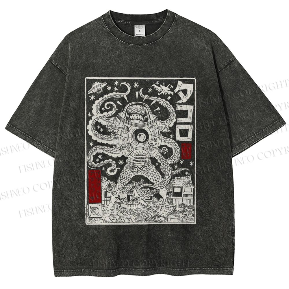 Unisex Vintage Japanese Monster Printed Washed Tee