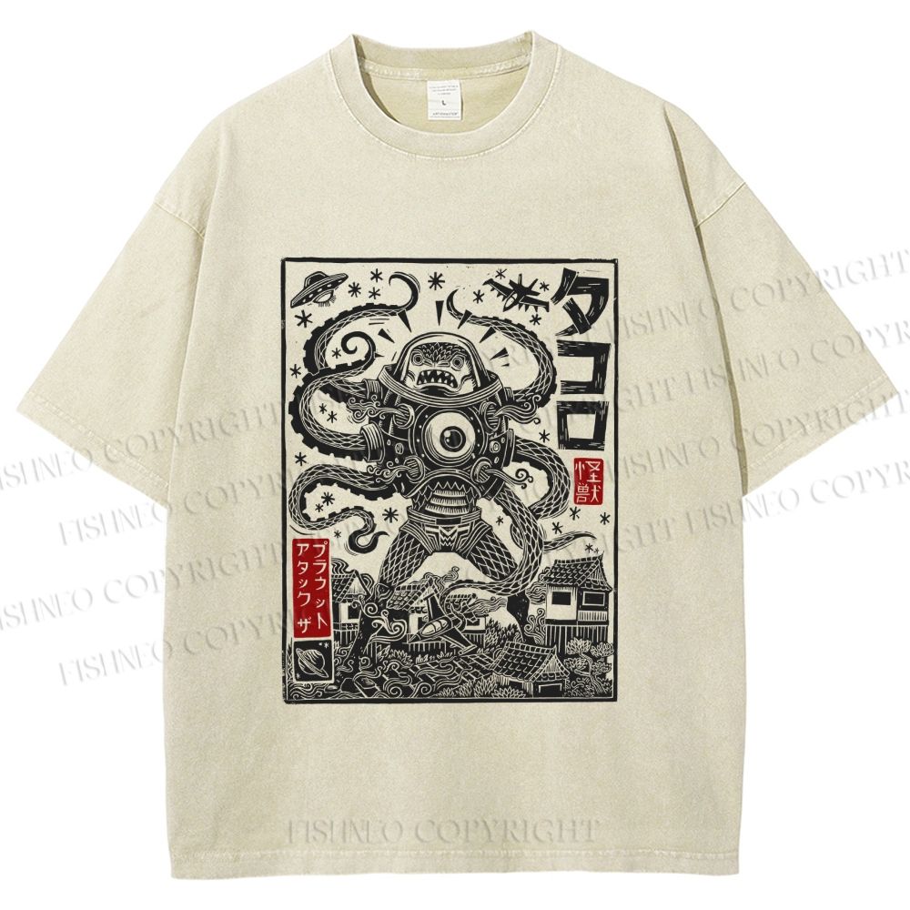 Unisex Vintage Japanese Monster Printed Washed Tee