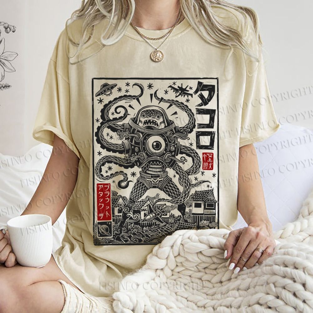 Unisex Vintage Japanese Monster Printed Washed Tee