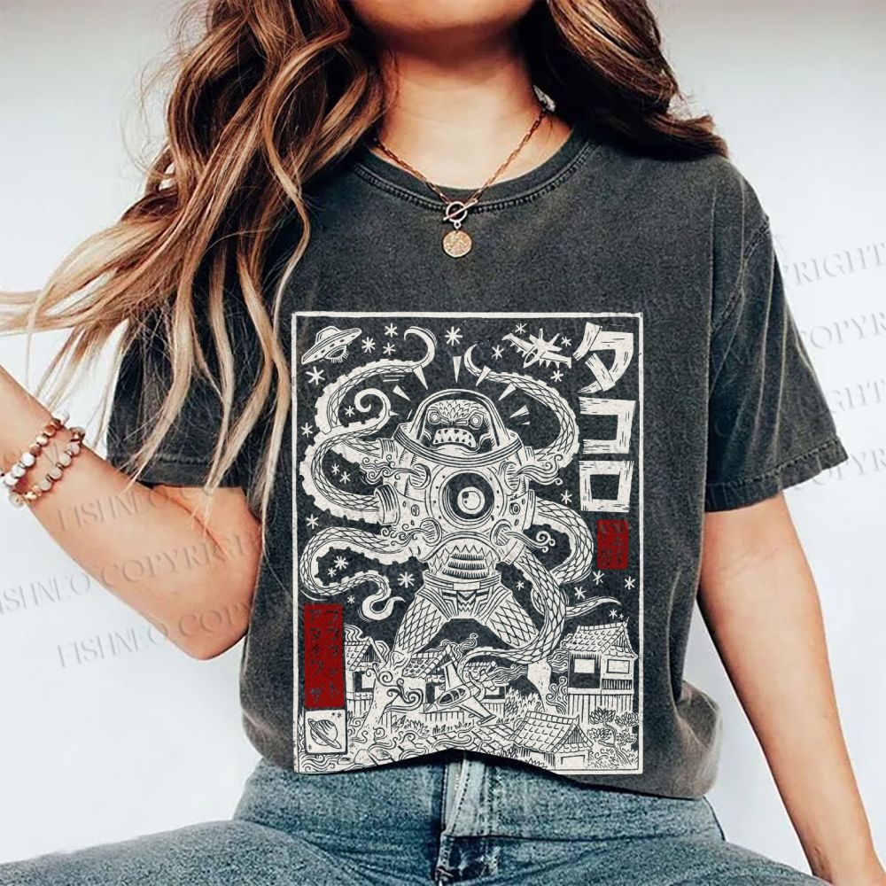 Unisex Vintage Japanese Monster Printed Washed Tee