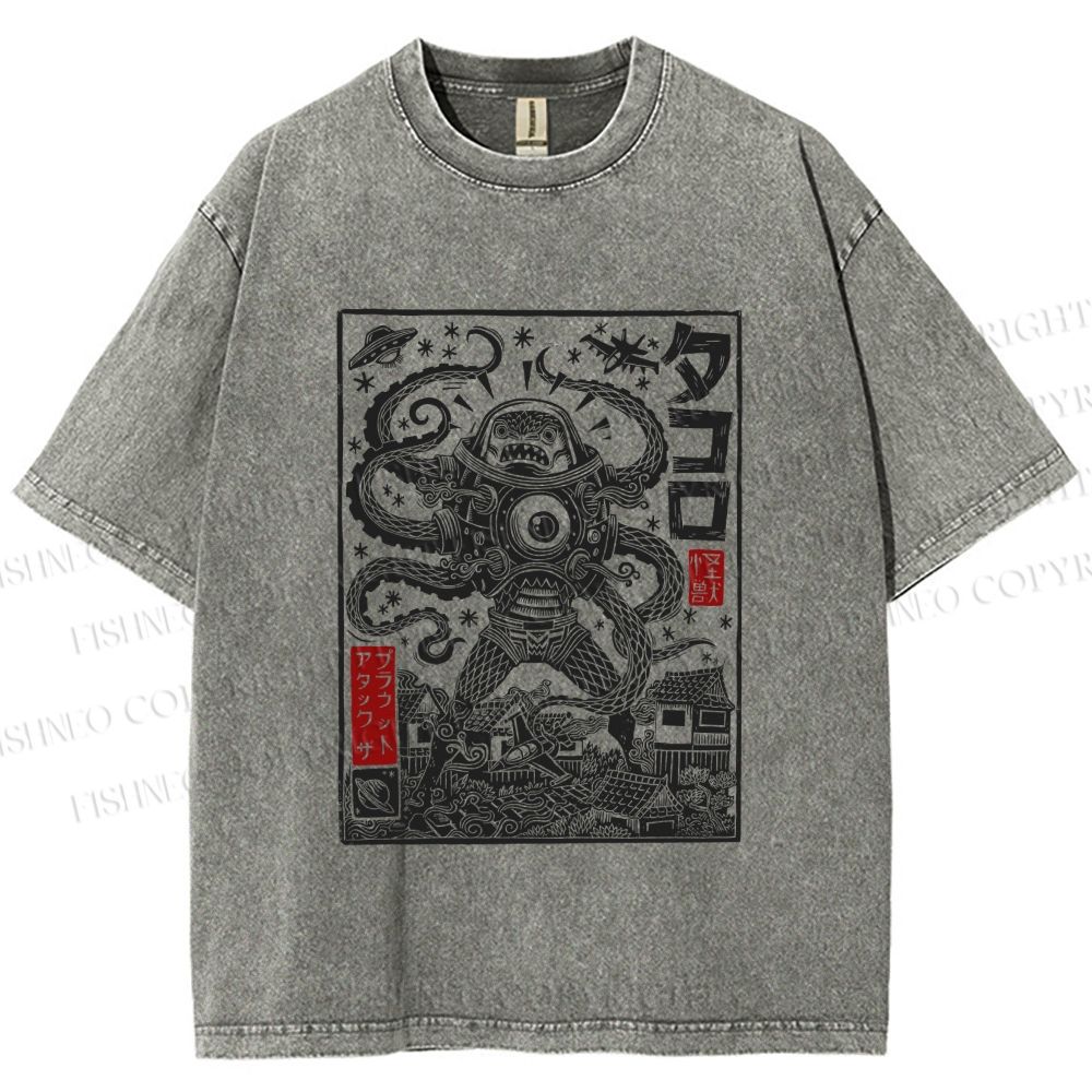 Unisex Vintage Japanese Monster Printed Washed Tee