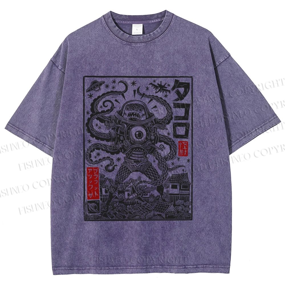 Unisex Vintage Japanese Monster Printed Washed Tee