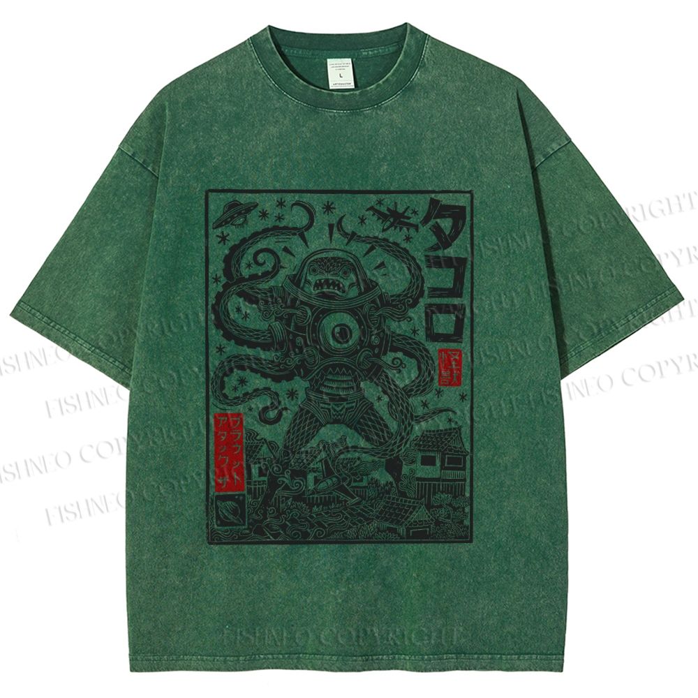 Unisex Vintage Japanese Monster Printed Washed Tee