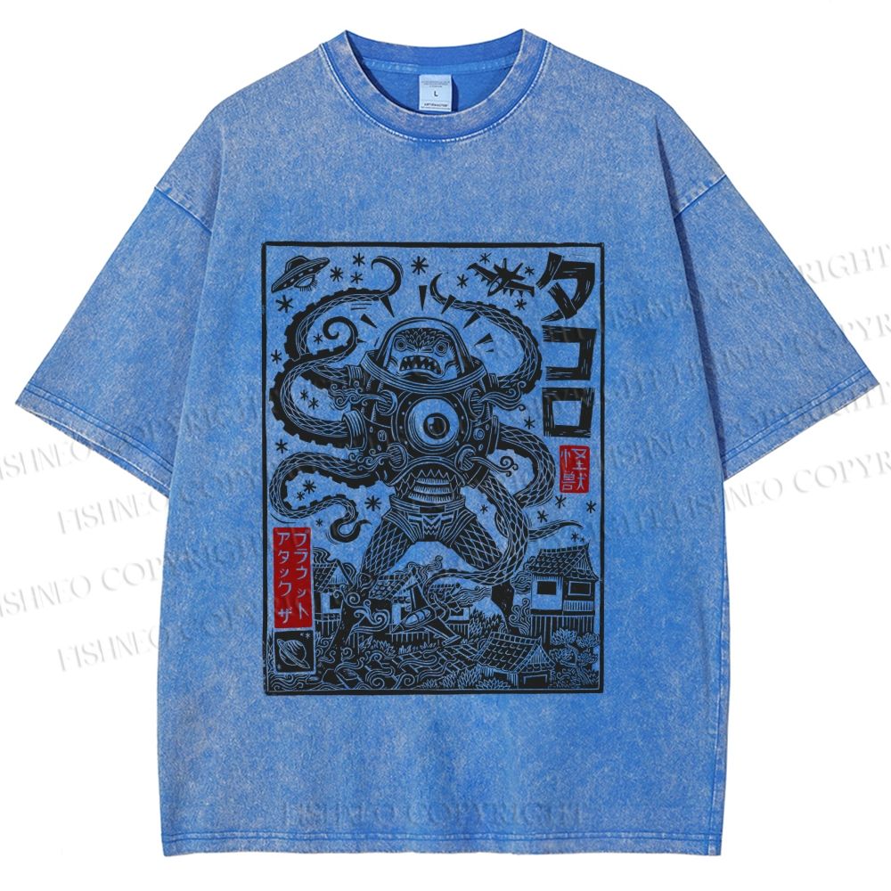 Unisex Vintage Japanese Monster Printed Washed Tee