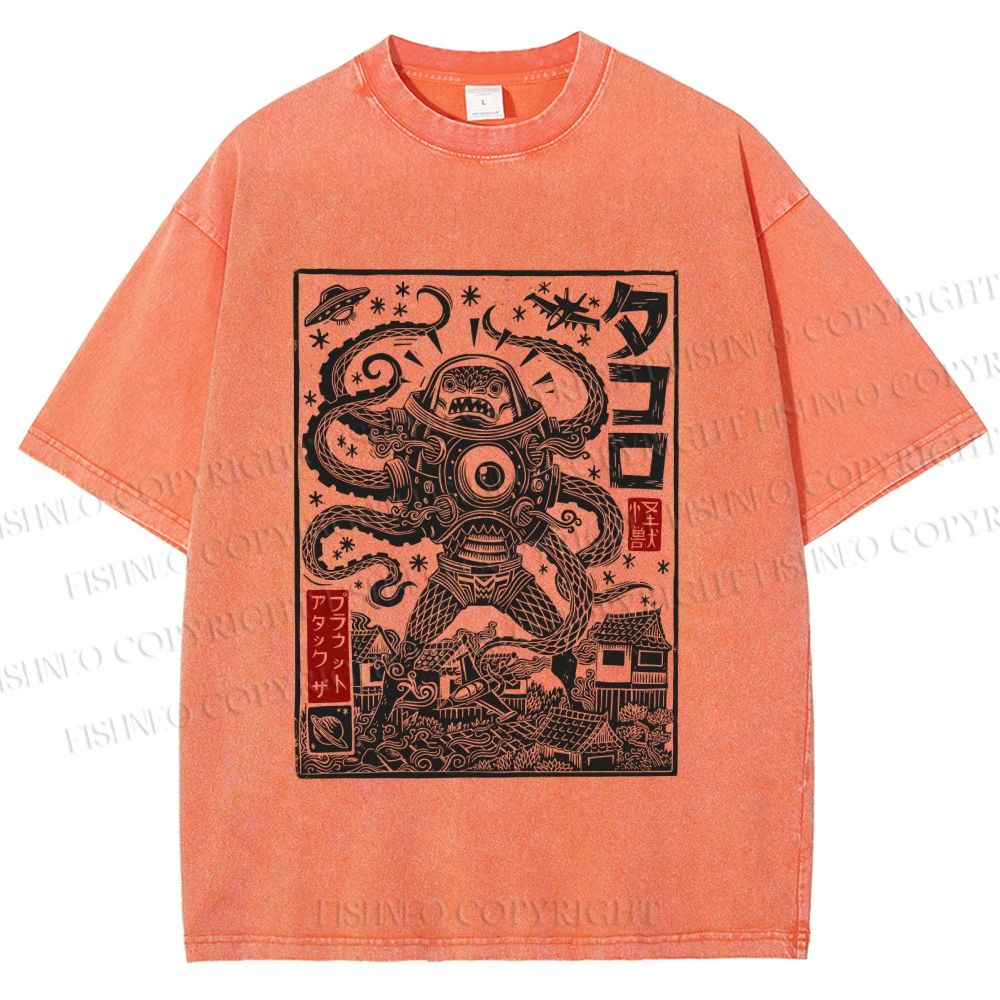 Unisex Vintage Japanese Monster Printed Washed Tee
