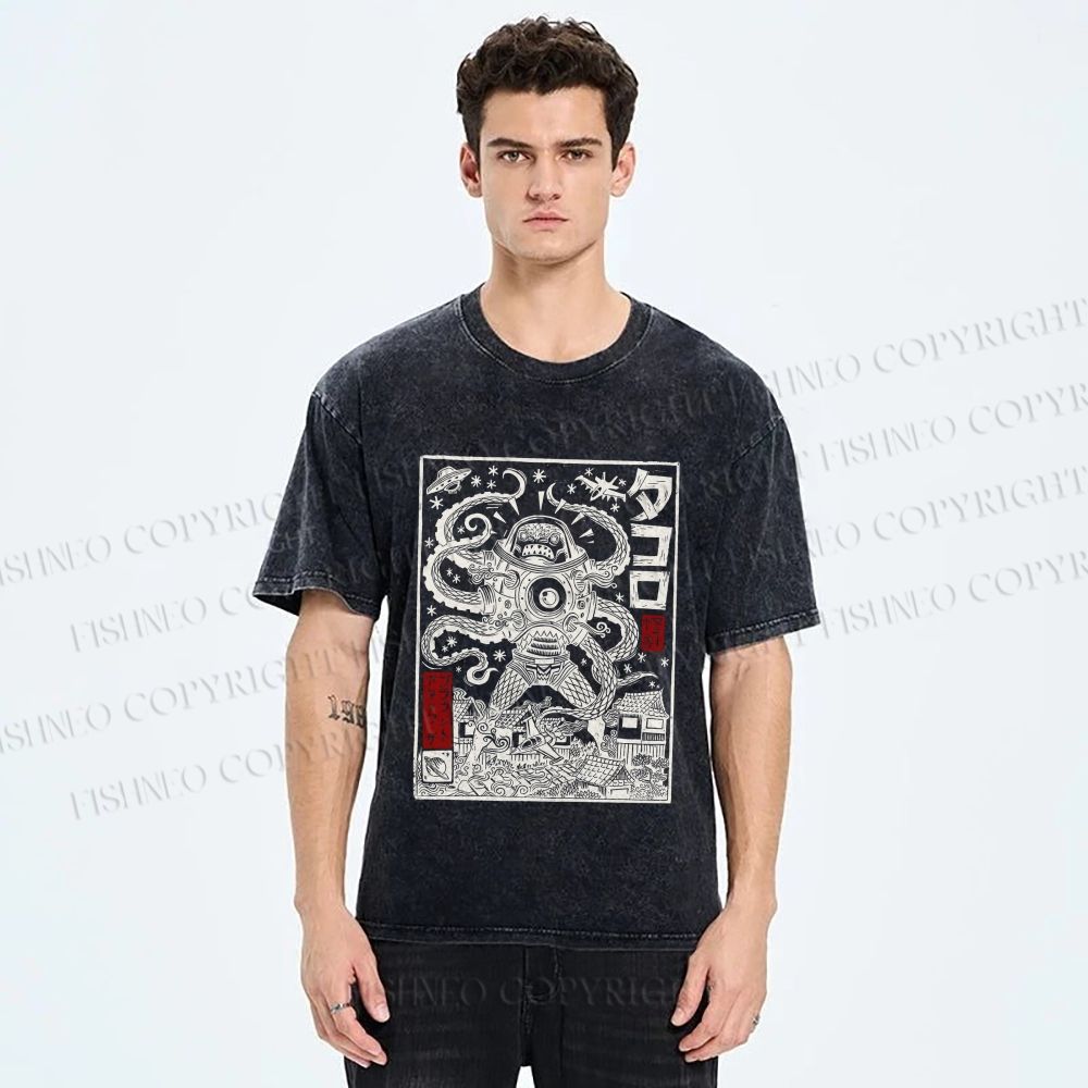 Unisex Vintage Japanese Monster Printed Washed Tee