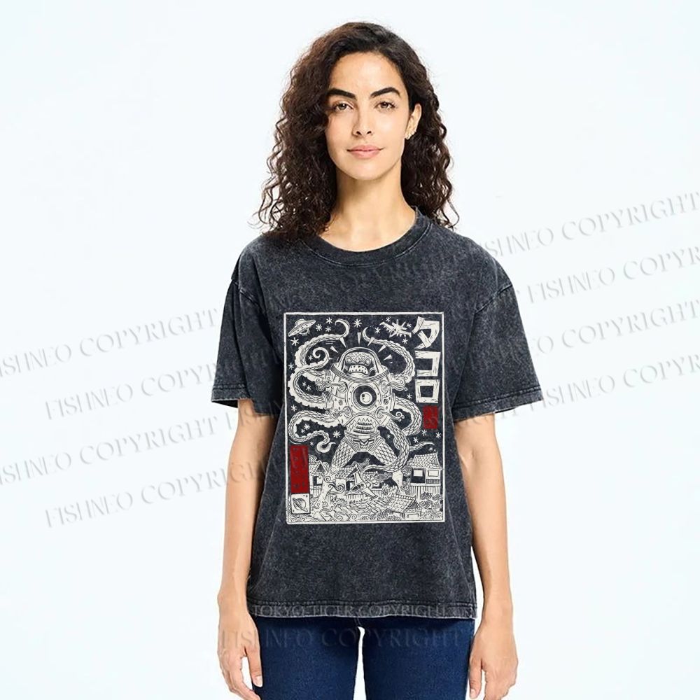 Unisex Vintage Japanese Monster Printed Washed Tee