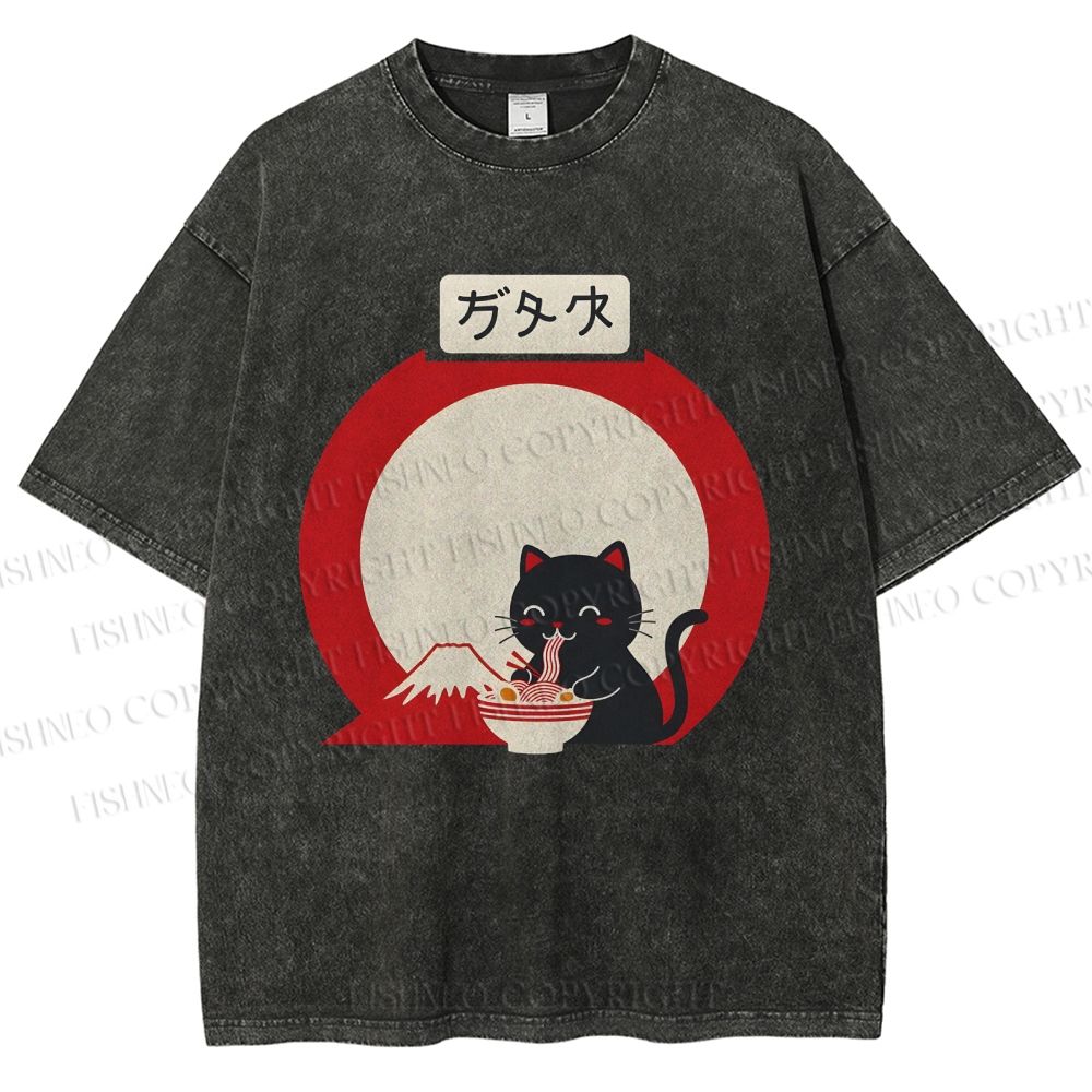 Unisex Japanese Ramen Cat Printed Washed Tee