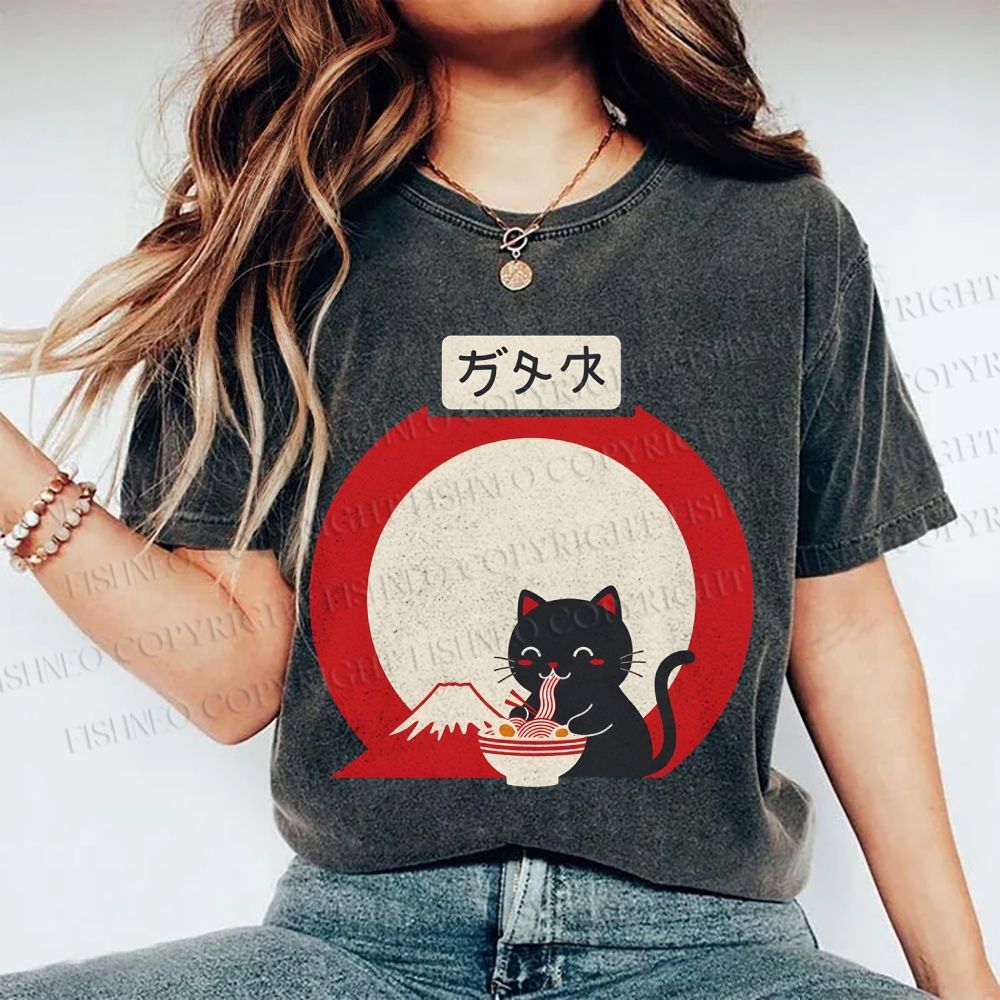 Unisex Japanese Ramen Cat Printed Washed Tee
