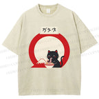 Unisex Japanese Ramen Cat Printed Washed Tee